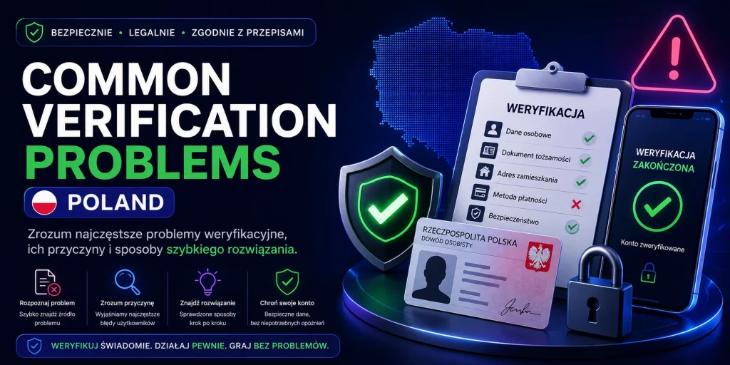 Baner Common Verification Problems Poland z dokumentem tożsamości, panelem weryfikacji, ikoną bezpieczeństwa i telefonem pokazującym zakończoną weryfikację konta