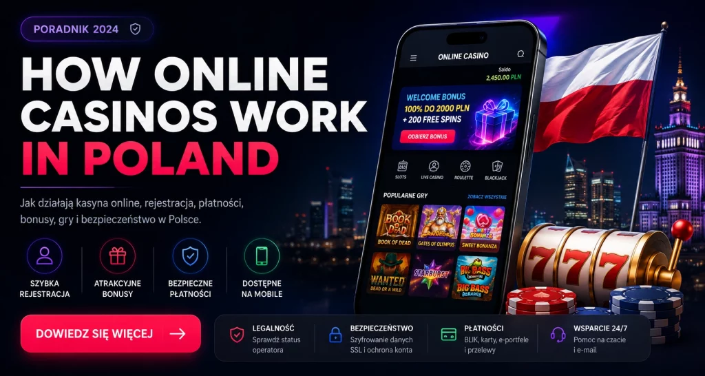 Banner for the article How Online Casinos Work in Poland featuring a neon casino app interface, Polish flag, city skyline, slot machine reels and security, payment and mobile access icons.