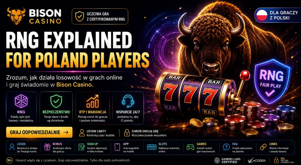 Bison Casino RNG Explained for Poland Players – baner przedstawiający generator liczb losowych, automat do gier, bizona, symbole kasynowe oraz elementy związane z RTP, uczciwą losowością i odpowiedzialną grą.