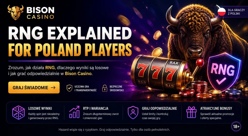 Bison Casino RNG Explained for Poland Players – baner przedstawiający generator liczb losowych, automat do gier, żetony kasynowe i bizona symbolizujące uczciwą losowość, RTP oraz odpowiedzialną grę dla polskich graczy.
