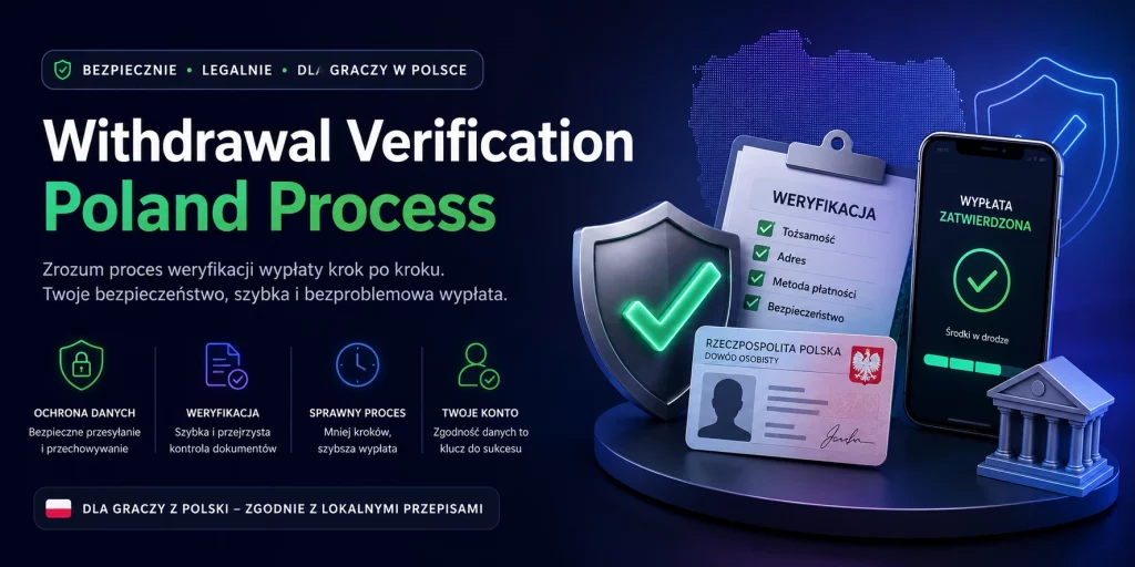 Baner strony Withdrawal Verification Poland Process z ikoną bezpiecznej wypłaty, dokumentem tożsamości, panelem weryfikacji i telefonem z zatwierdzoną transakcją dla graczy w Polsce